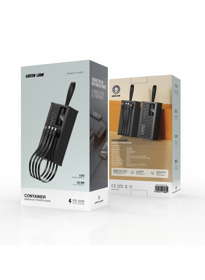 Container 30000mAh Power Bank / PD 20W Fast Charge / USB-A & Micro Port / LED Digital Display / Built-in Cables / USB-A/USB-C/Lightening/Micro Output / Polymer Battery Type - Black