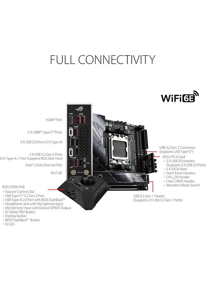 Rog Strix X670E-I Gaming Wifi Mini-ITX Motherboard, AMD AM5 Socket, AMD X670 Chipset, 2xDIMM, Max 64GB DDR5, WiFi 6E 6GHz, 2xM.2 Slots,1xPCIe 5x16, 1x HDMI/2xUSB4 | 90MB1B70-M0EAY0 Black