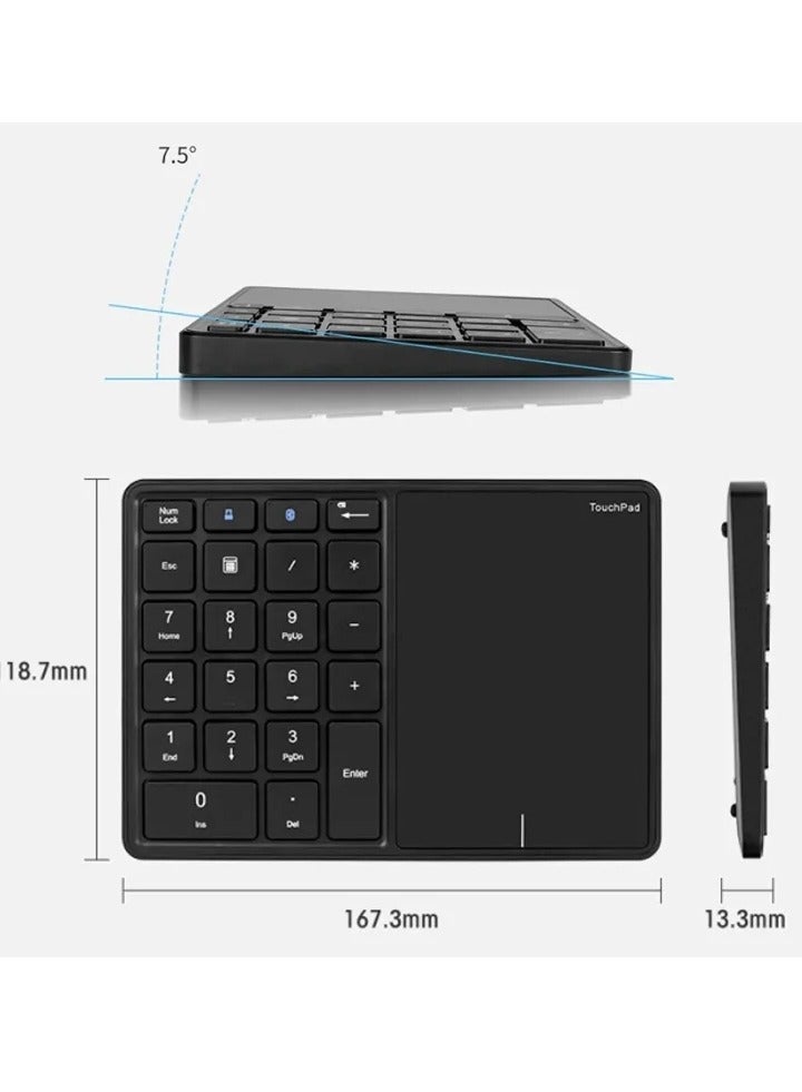 2.4G Wireless Numeric Keypad with Touchpad, 22 Keys Portable Bluetooth Number Pad, Financial Accounting USB C Rechargeable Number KeyboardBlack