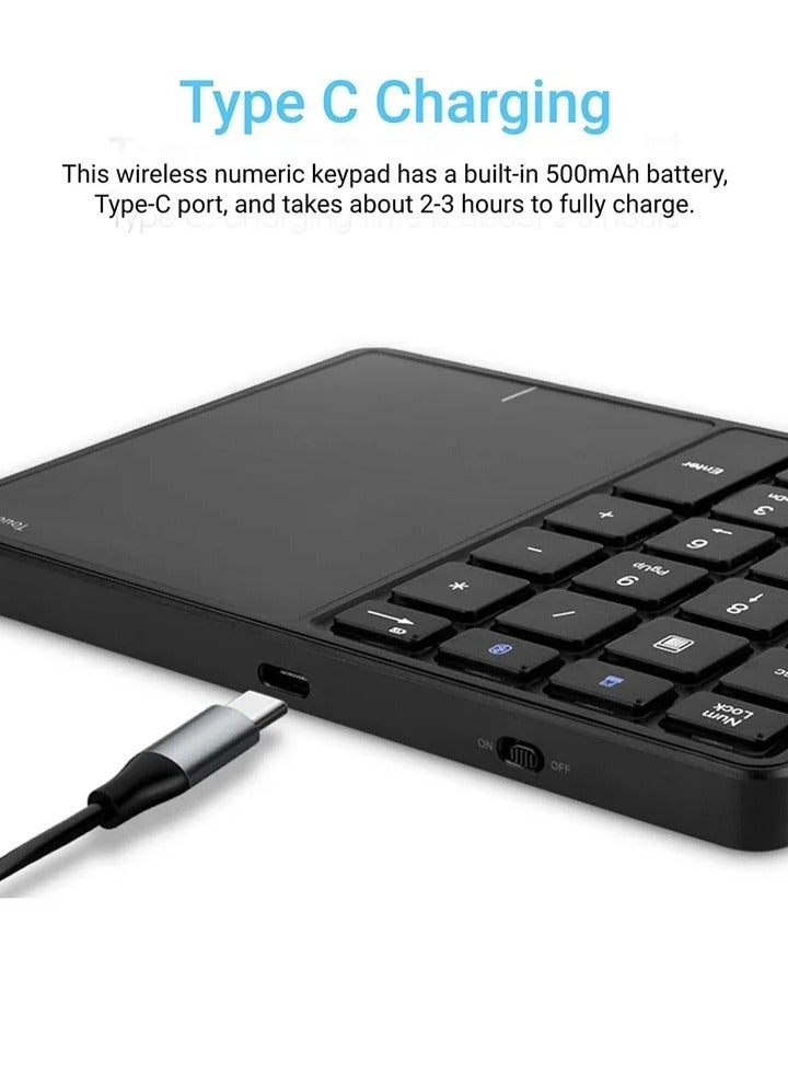 2.4G Wireless Numeric Keypad with Touchpad, 22 Keys Portable Bluetooth Number Pad, Financial Accounting USB C Rechargeable Number KeyboardBlack