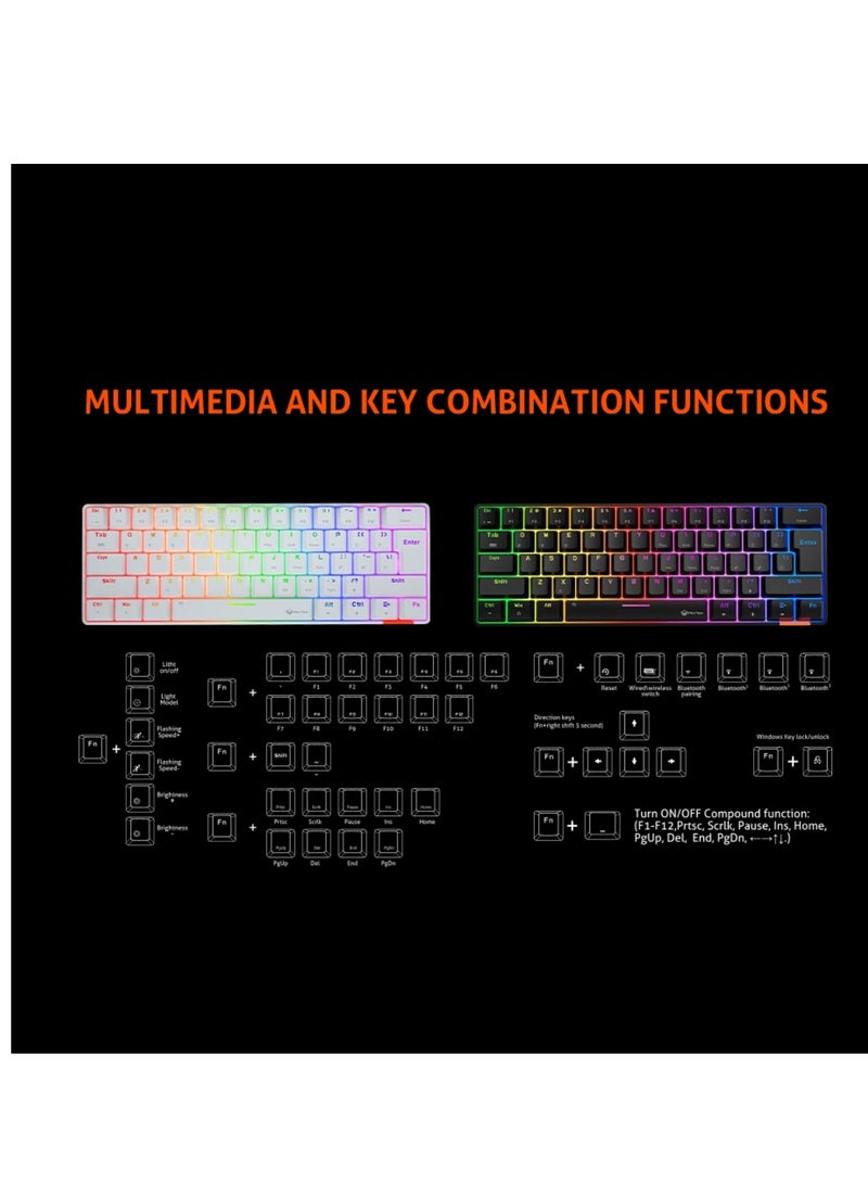 MT-MK005BT 60% Gaming Keyboard Wireless Keybroad 12 Multimedia Shortcuts Keys Bluetooth Keybroad With True Mechanical Fixed Shaft LED Backlight Brightness Adjustable Anti-Ghosting Mechanical Keyboard For Windows And Mac White