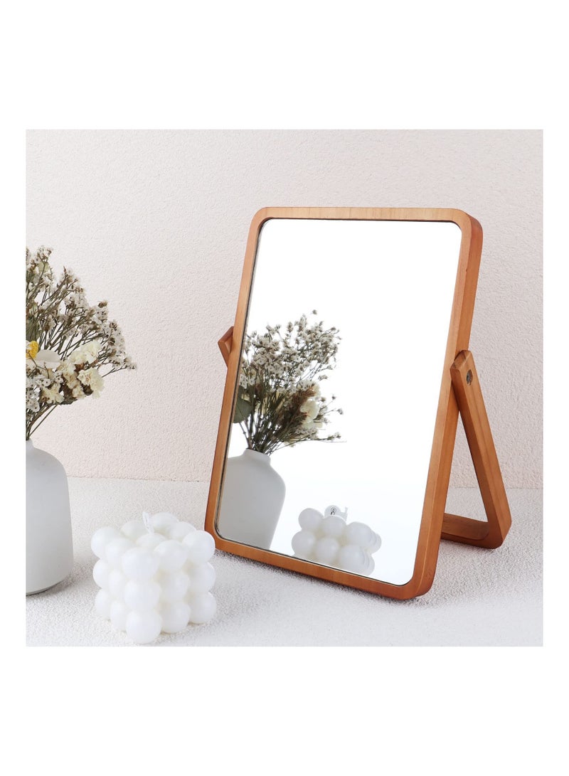 Wooden Desk Mirror for Makeup, Small Rounded Rectangle Natural Cosmetic Mirror with Adjustable Stand for Makeup Table, Aesthetic Desk Decor Rectangle Wall  Table Makeup Mirrors for Bathroom Bedroom