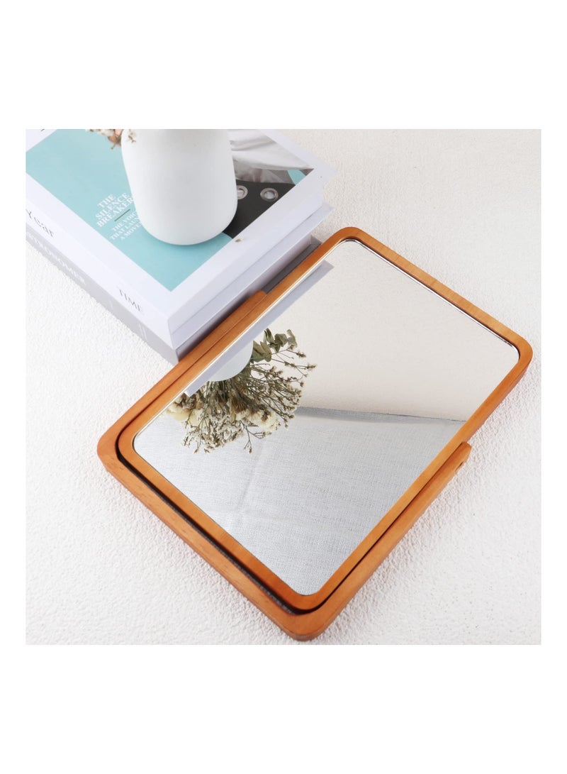 Wooden Desk Mirror for Makeup, Small Rounded Rectangle Natural Cosmetic Mirror with Adjustable Stand for Makeup Table, Aesthetic Desk Decor Rectangle Wall  Table Makeup Mirrors for Bathroom Bedroom