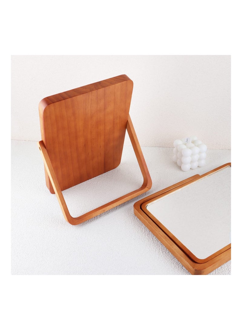 Wooden Desk Mirror for Makeup, Small Rounded Rectangle Natural Cosmetic Mirror with Adjustable Stand for Makeup Table, Aesthetic Desk Decor Rectangle Wall  Table Makeup Mirrors for Bathroom Bedroom