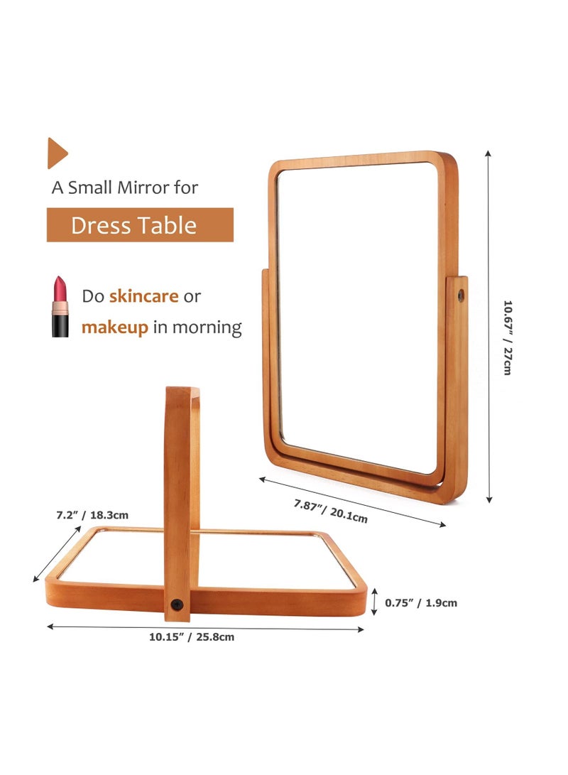 Wooden Desk Mirror for Makeup, Small Rounded Rectangle Natural Cosmetic Mirror with Adjustable Stand for Makeup Table, Aesthetic Desk Decor Rectangle Wall  Table Makeup Mirrors for Bathroom Bedroom