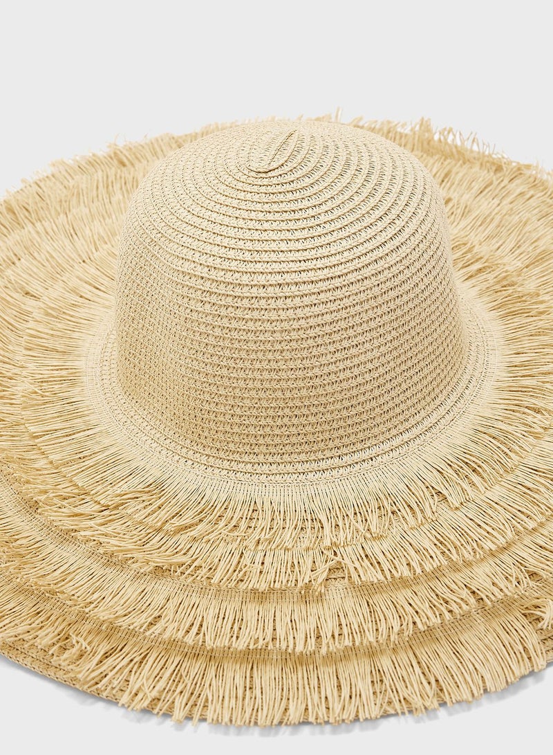 Wide Brim Frayed Edge Straw Hat