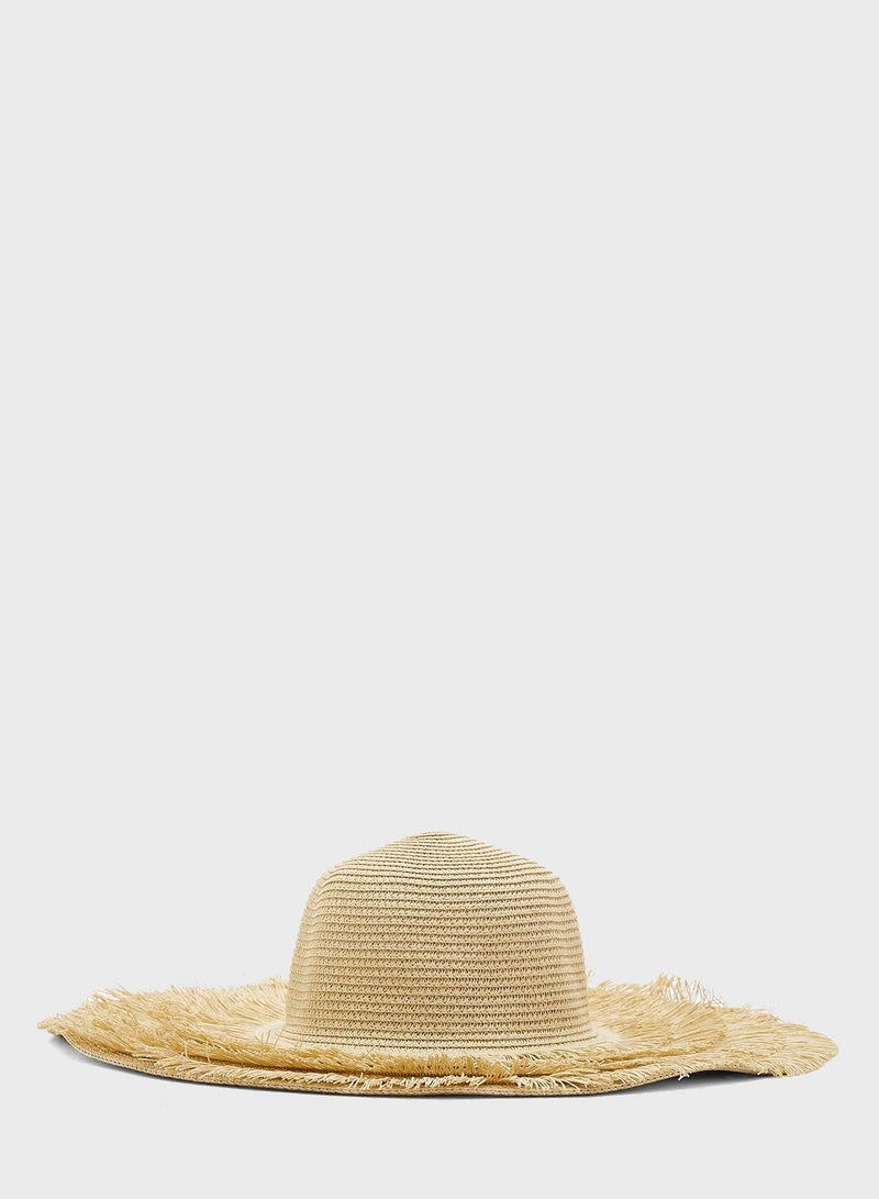 Wide Brim Frayed Edge Straw Hat