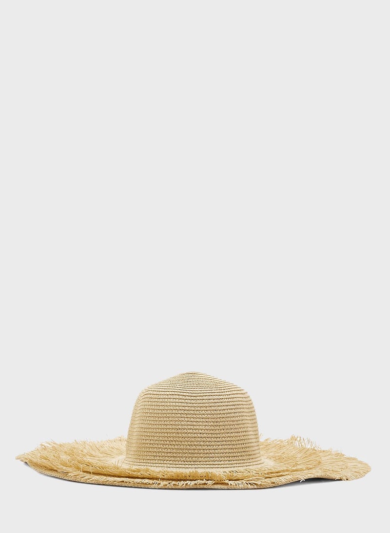 Wide Brim Frayed Edge Straw Hat