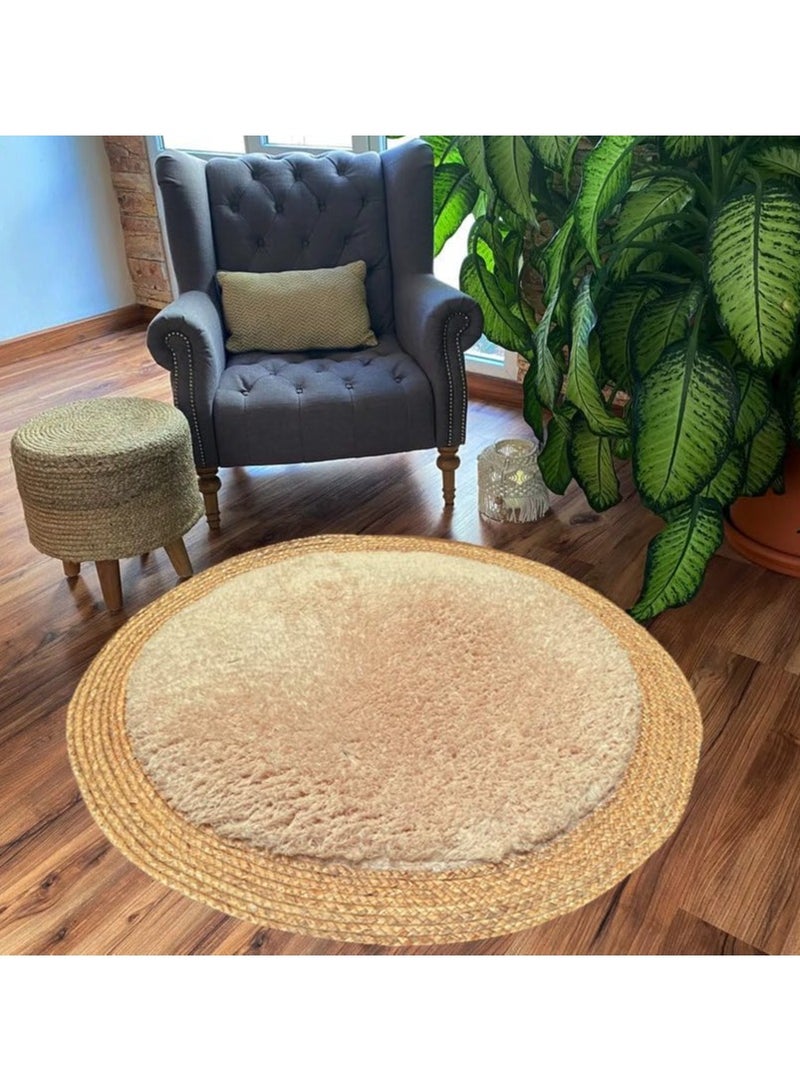 Round Jute Rug Carpet Floor Mate with Febric Furr Area Rug Carpet