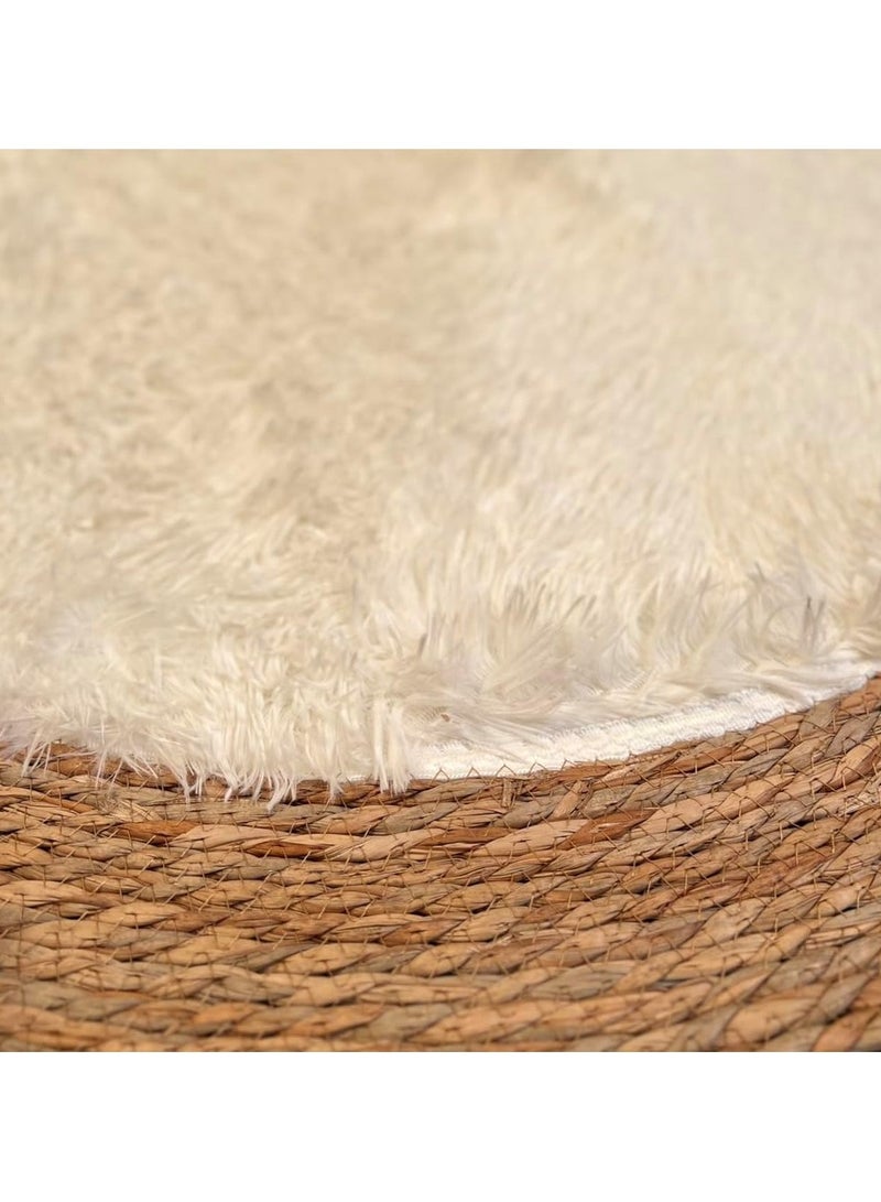 Round Jute Rug with White Furr Area Rug Carpet Floor Mat