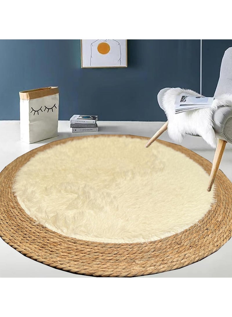 Round Jute Rug with White Furr Area Rug Carpet Floor Mat