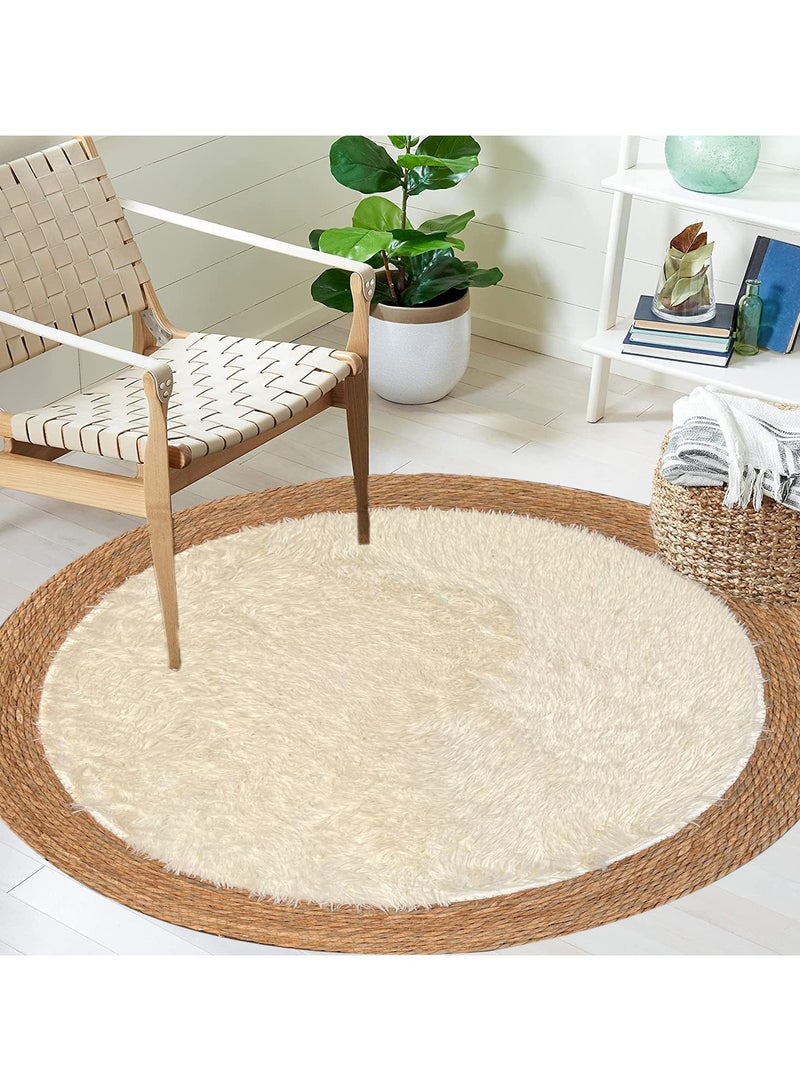 Round Jute Rug with White Furr Area Rug Carpet Floor Mat