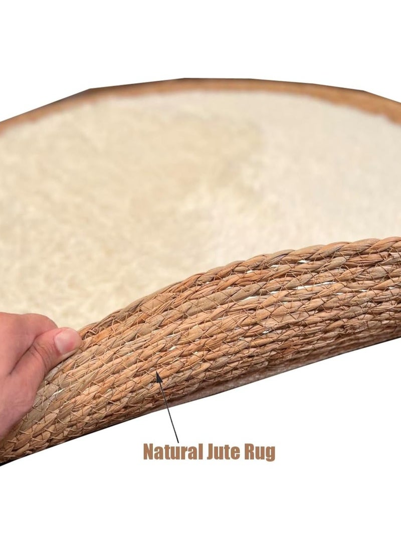 Round Jute Rug with White Furr Area Rug Carpet Floor Mat