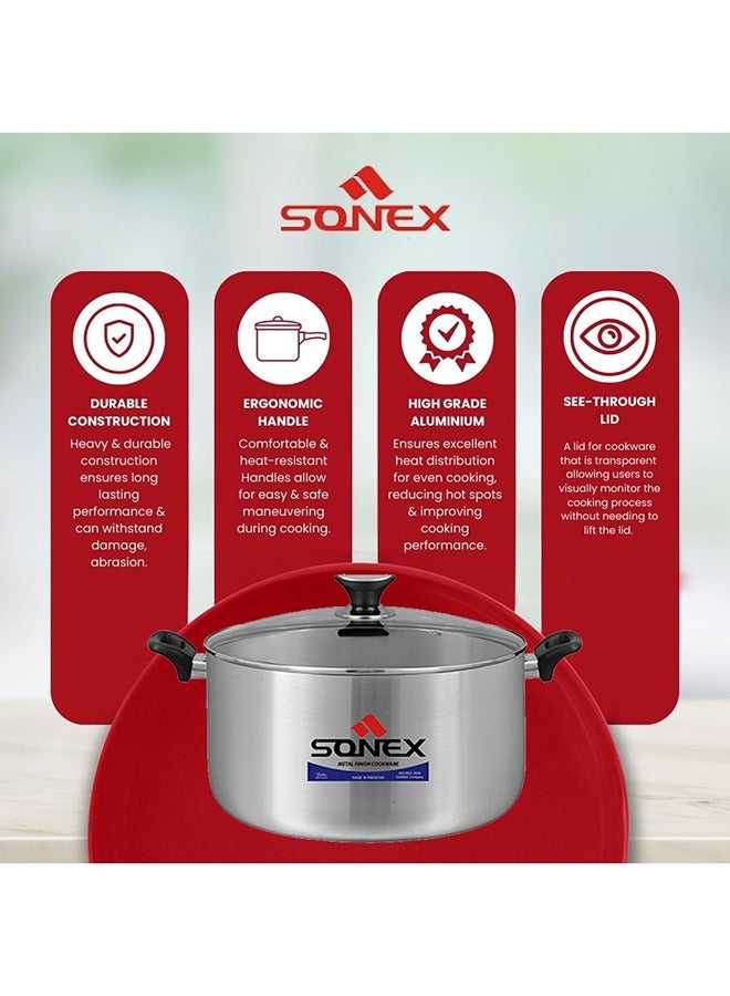 Sonex Premium Aluminium Casserole with Glass Lid and Ergonomic Bakelite Cool Handle – 26 cm (6 Ltr), Sleek Metal Finish, Durable Construction, See-Through Lid for Easy Monitoring, Dishwasher Safe