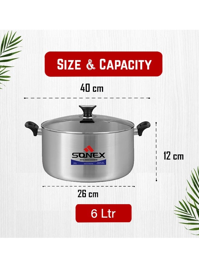 Sonex Premium Aluminium Casserole with Glass Lid and Ergonomic Bakelite Cool Handle – 26 cm (6 Ltr), Sleek Metal Finish, Durable Construction, See-Through Lid for Easy Monitoring, Dishwasher Safe