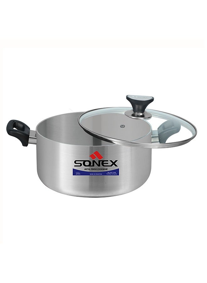 Sonex Premium Aluminium Casserole with Glass Lid and Ergonomic Bakelite Cool Handle – 26 cm (6 Ltr), Sleek Metal Finish, Durable Construction, See-Through Lid for Easy Monitoring, Dishwasher Safe