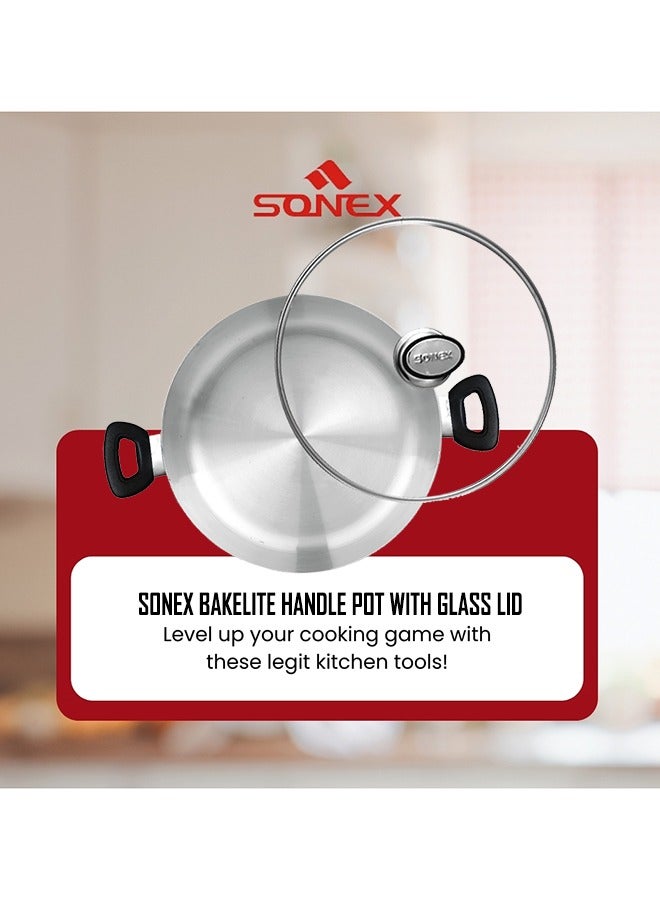 Sonex Premium Aluminium Casserole with Glass Lid and Ergonomic Bakelite Cool Handle – 26 cm (6 Ltr), Sleek Metal Finish, Durable Construction, See-Through Lid for Easy Monitoring, Dishwasher Safe