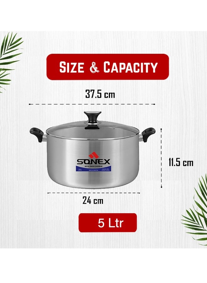 Sonex Premium Aluminium Casserole with Glass Lid and Ergonomic Bakelite Cool Handle – 24 cm (5 Ltr), Sleek Metal Finish, Durable Construction, See-Through Lid for Easy Monitoring, Dishwasher Safe