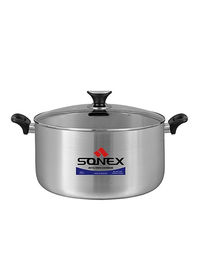 Sonex Premium Aluminium Casserole with Glass Lid and Ergonomic Bakelite Cool Handle – 24 cm (5 Ltr), Sleek Metal Finish, Durable Construction, See-Through Lid for Easy Monitoring, Dishwasher Safe