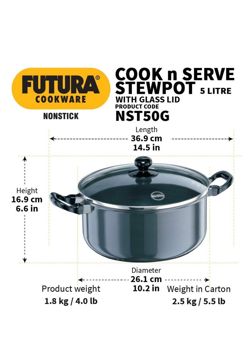 Hawkins Futura 5 Litre Cook n Serve Stewpot, Non Stick Pot with Glass Lid, Cooking Pot with Lid, Black (NST50G)