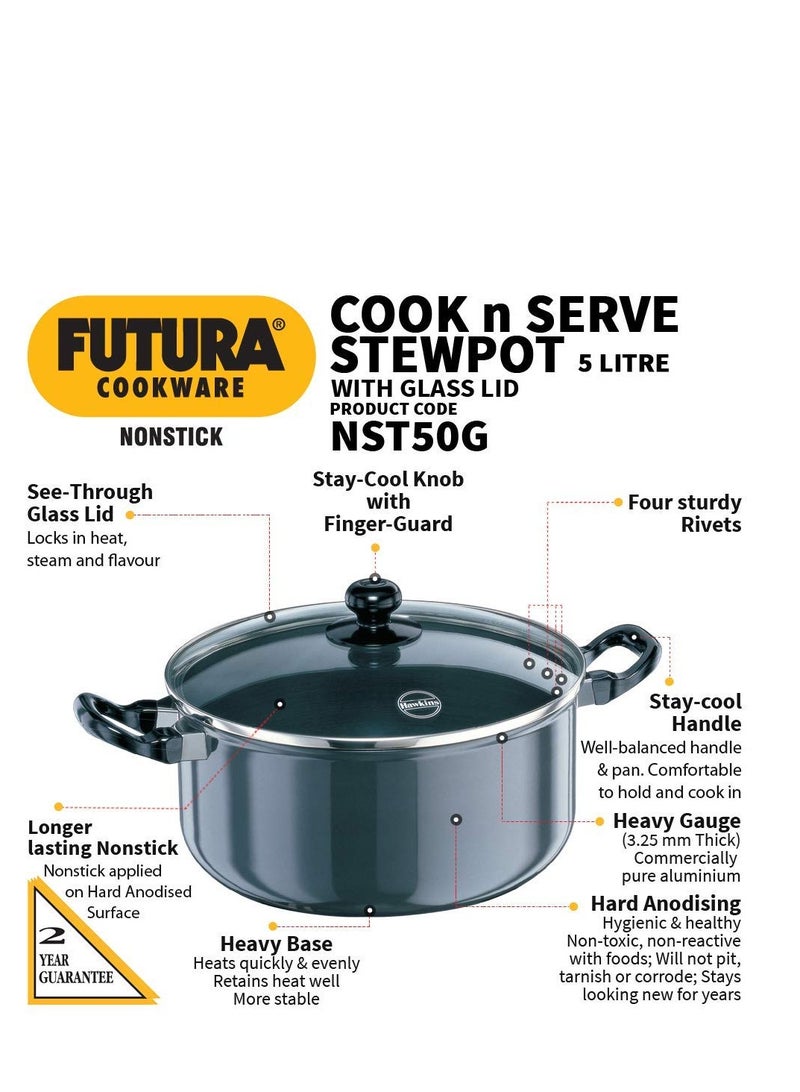 Hawkins Futura 5 Litre Cook n Serve Stewpot, Non Stick Pot with Glass Lid, Cooking Pot with Lid, Black (NST50G)