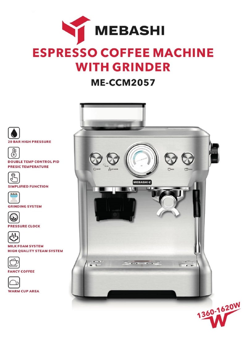 Espresso Coffee Machine With Grinder  20 Bar High Pressure 1620 W