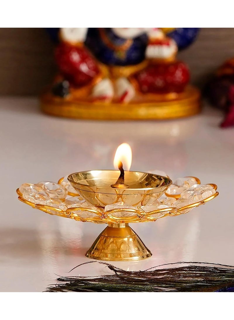 4 pcs Crystal Floral Shape Diya for Pooja and Home Decorations | Crystal Akhand Diya | Indian Puja Oil Lamp for Home Decor | Return Gifts | Diwali Decorations for Home, Indian Décor
