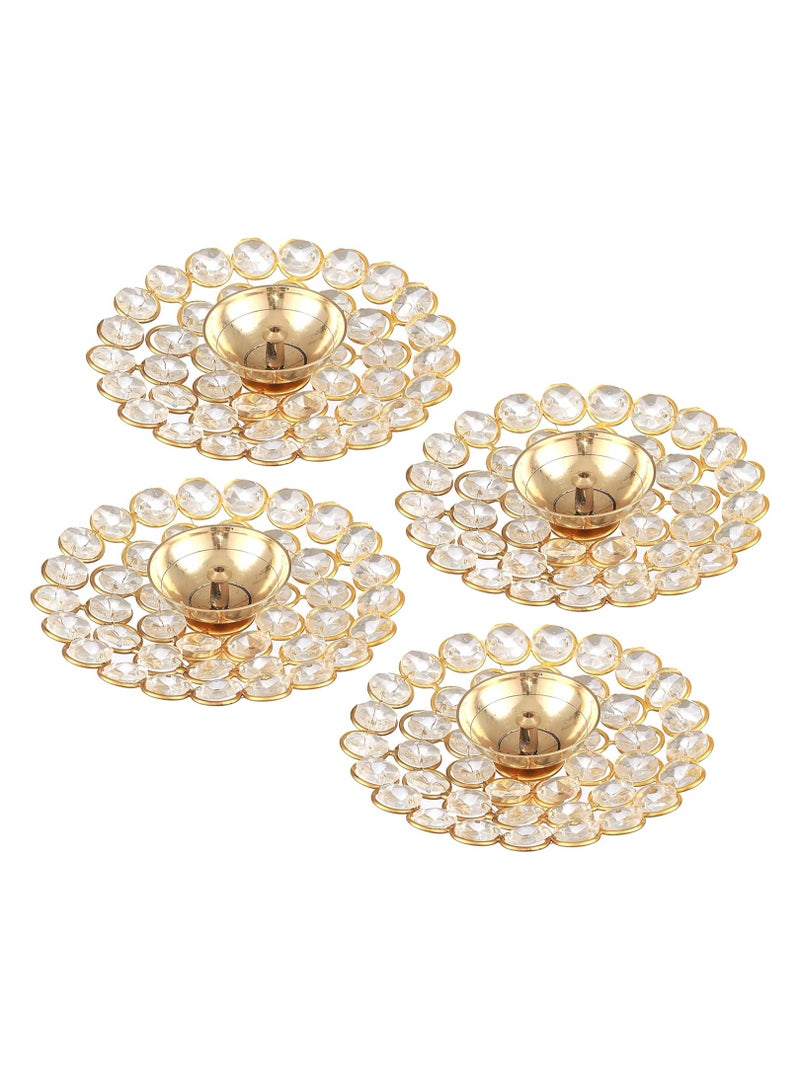 4 pcs Crystal Floral Shape Diya for Pooja and Home Decorations | Crystal Akhand Diya | Indian Puja Oil Lamp for Home Decor | Return Gifts | Diwali Decorations for Home, Indian Décor