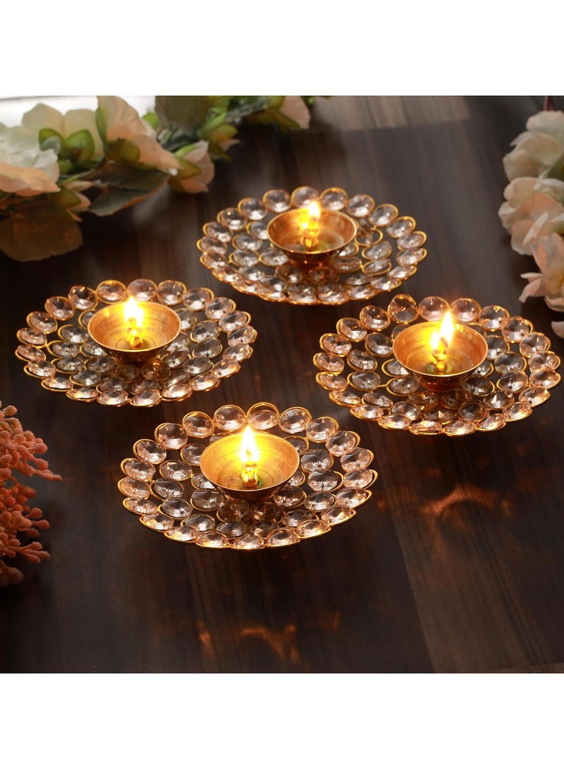 4 pcs Crystal Floral Shape Diya for Pooja and Home Decorations | Crystal Akhand Diya | Indian Puja Oil Lamp for Home Decor | Return Gifts | Diwali Decorations for Home, Indian Décor