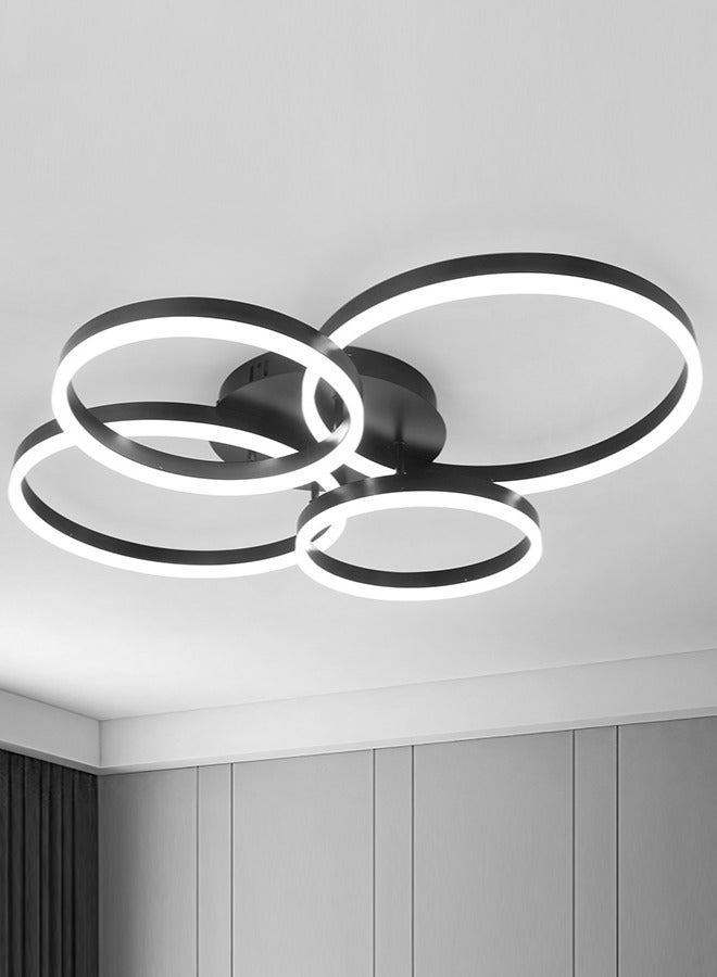 Modern LED Ceiling Light Living Room, 4-Ring Black Ceiling Light Bedroom, Acrylic Dimmable Lighting Ceiling Lamp for Living Room, Bedroom, 80W, 3000K-6000K.