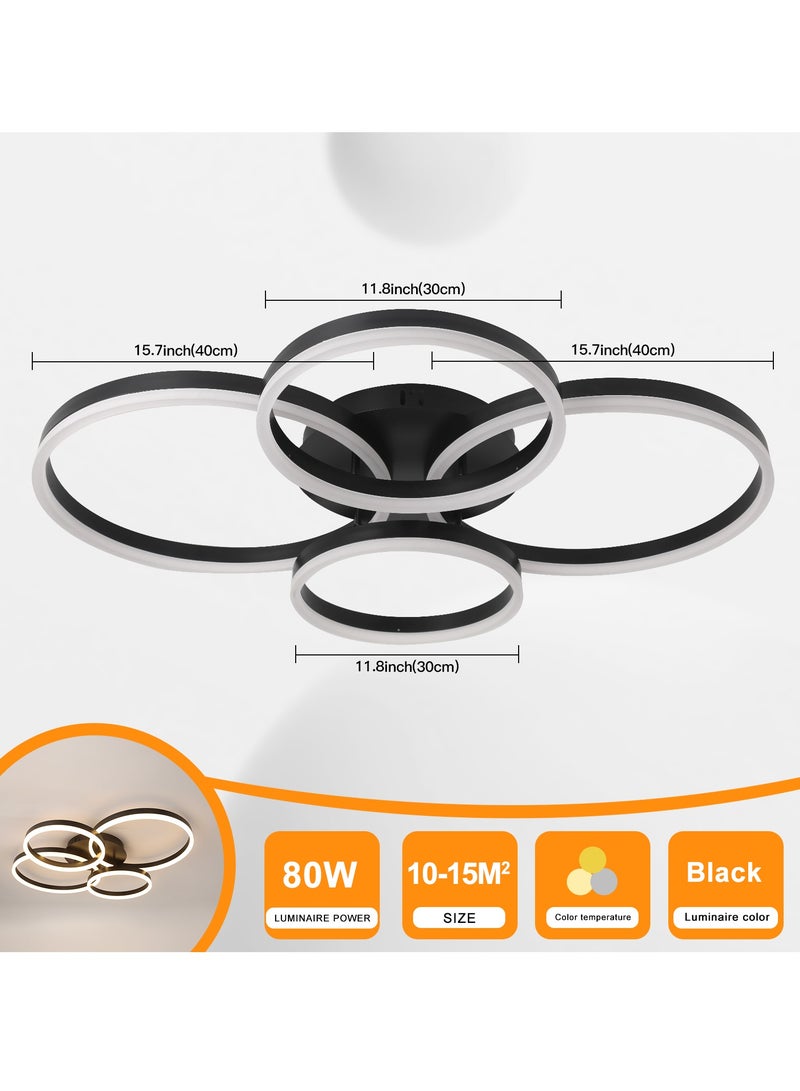 Modern LED Ceiling Light Living Room, 4-Ring Black Ceiling Light Bedroom, Acrylic Dimmable Lighting Ceiling Lamp for Living Room, Bedroom, 80W, 3000K-6000K.