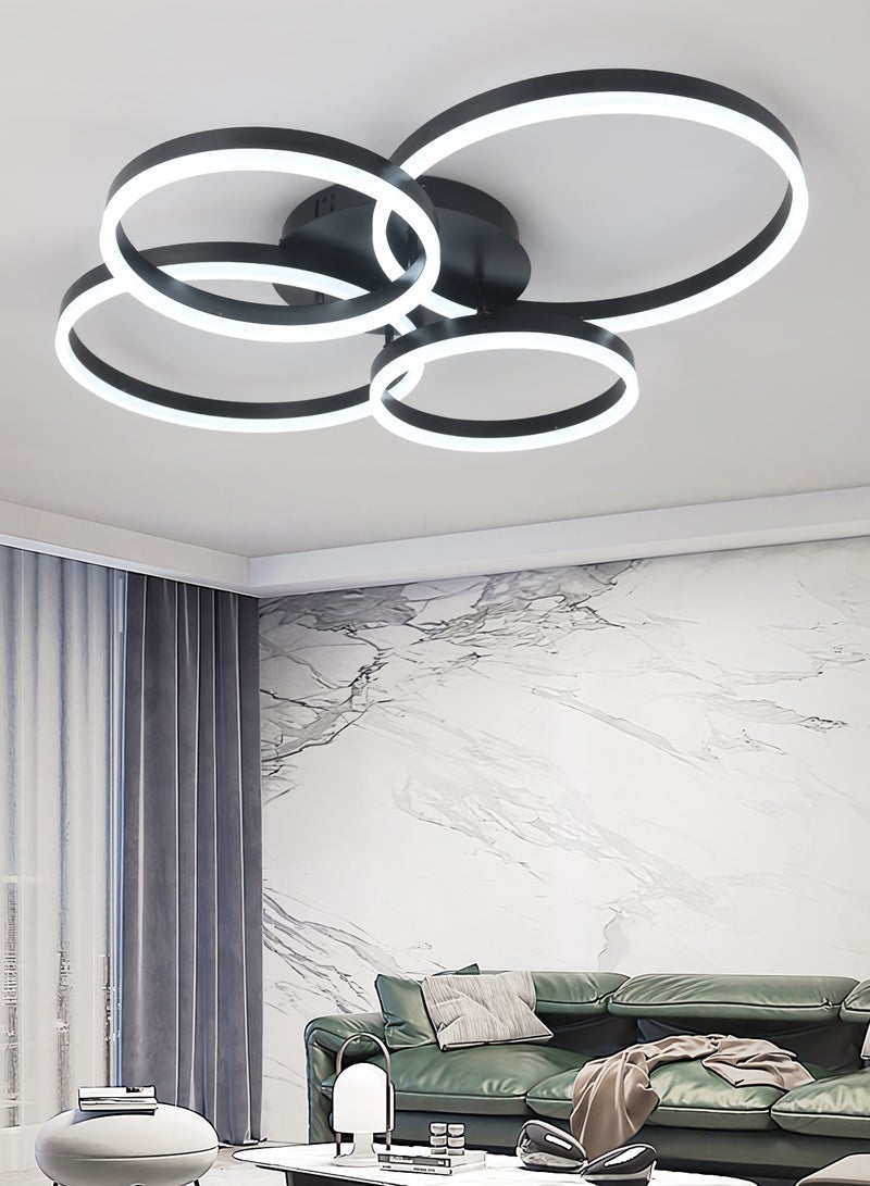 Modern LED Ceiling Light Living Room, 4-Ring Black Ceiling Light Bedroom, Acrylic Dimmable Lighting Ceiling Lamp for Living Room, Bedroom, 80W, 3000K-6000K.