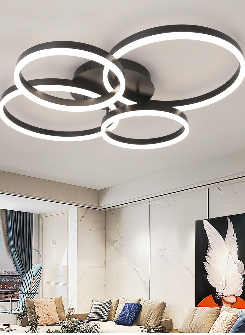 Modern LED Ceiling Light Living Room, 4-Ring Black Ceiling Light Bedroom, Acrylic Dimmable Lighting Ceiling Lamp for Living Room, Bedroom, 80W, 3000K-6000K.