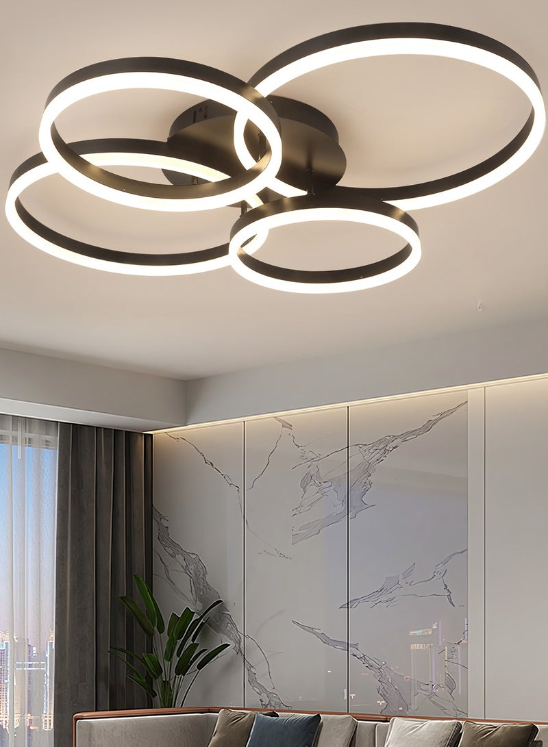 Modern LED Ceiling Light Living Room, 4-Ring Black Ceiling Light Bedroom, Acrylic Dimmable Lighting Ceiling Lamp for Living Room, Bedroom, 80W, 3000K-6000K.