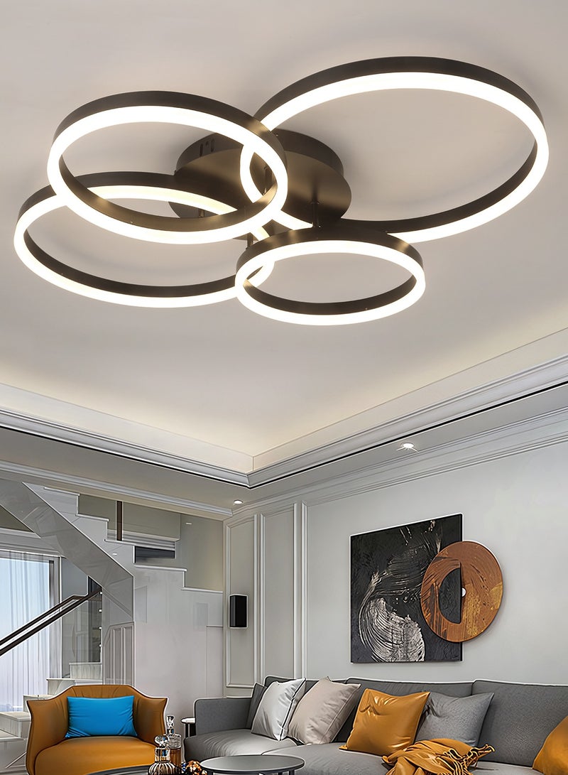 Modern LED Ceiling Light Living Room, 4-Ring Black Ceiling Light Bedroom, Acrylic Dimmable Lighting Ceiling Lamp for Living Room, Bedroom, 80W, 3000K-6000K.