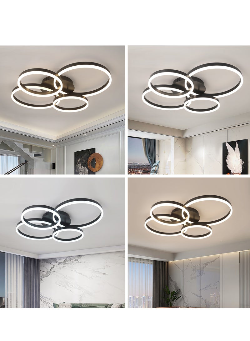 Modern LED Ceiling Light Living Room, 4-Ring Black Ceiling Light Bedroom, Acrylic Dimmable Lighting Ceiling Lamp for Living Room, Bedroom, 80W, 3000K-6000K.