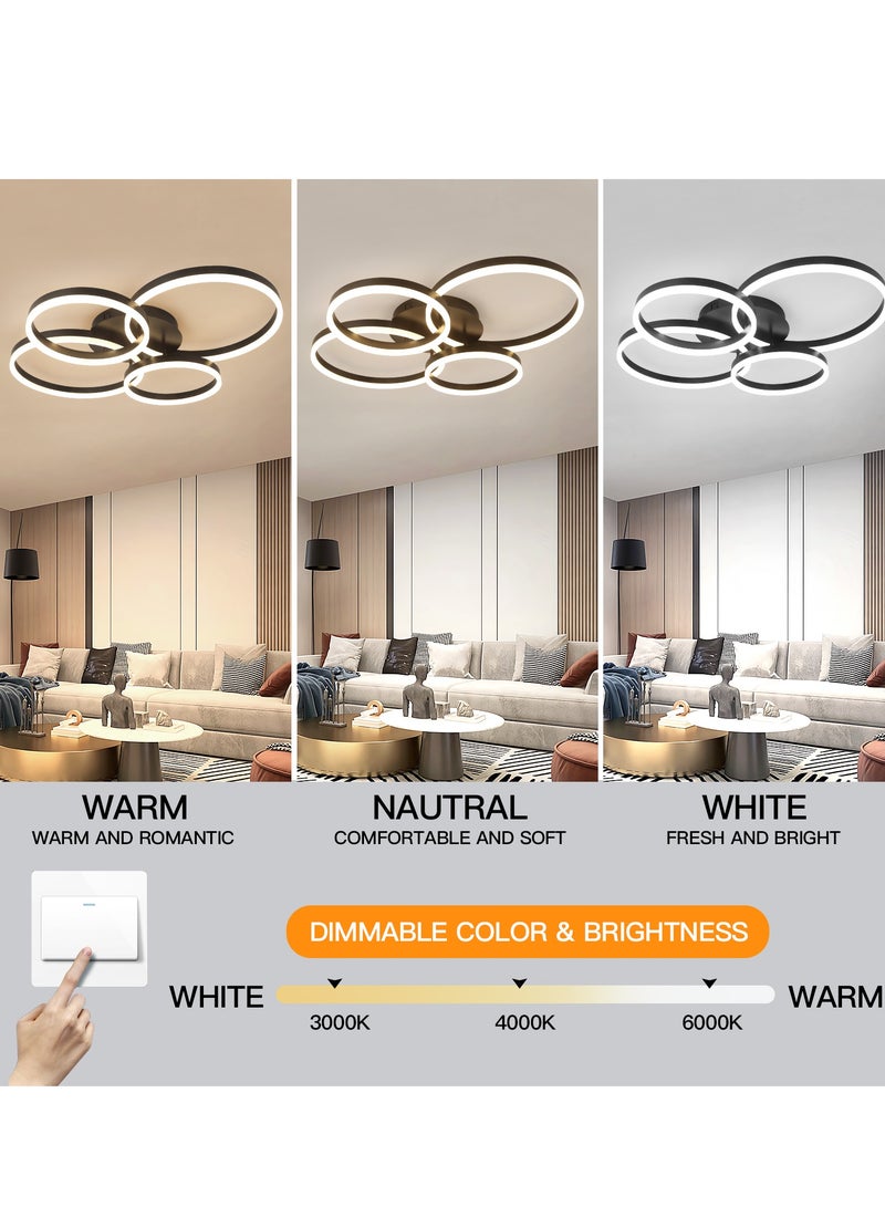 Modern LED Ceiling Light Living Room, 4-Ring Black Ceiling Light Bedroom, Acrylic Dimmable Lighting Ceiling Lamp for Living Room, Bedroom, 80W, 3000K-6000K.