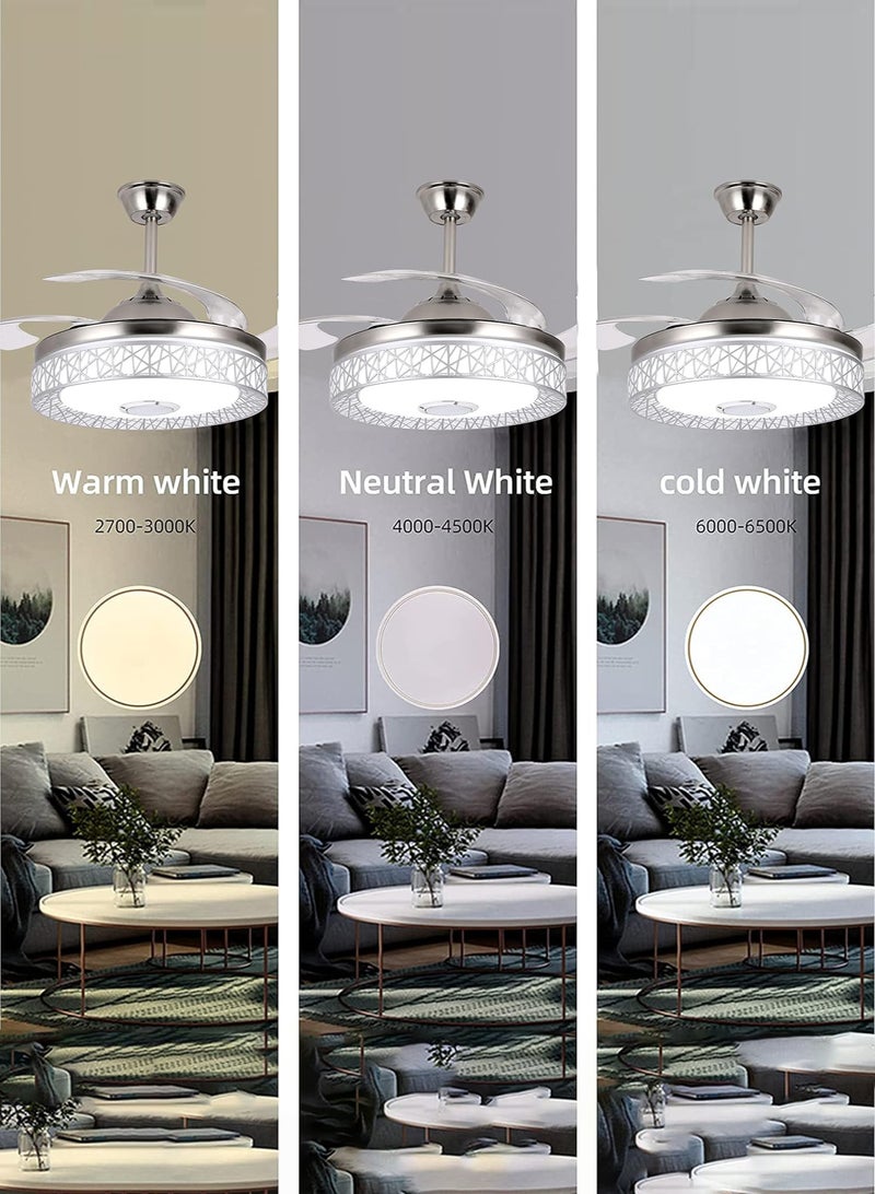 Ceiling Fan 42 inch with LED Light and Remote Control Kit | Modern Blade Noiseless copper Motor, Dimming and Color Temperature Adjustment, 3-speed, three color adjustable (Silver)