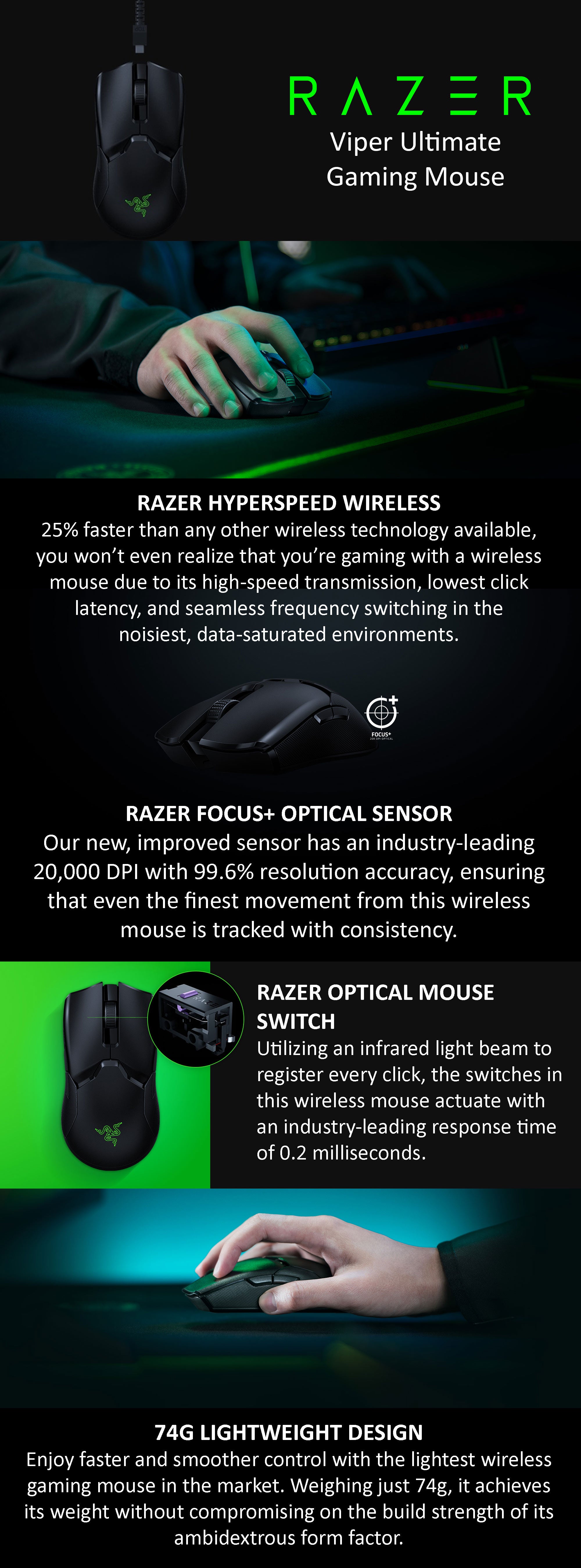 Razer Viper Ultimate Hyperspeed Lightest Wireless Gaming Mouse - 20K DPI Optical Sensor, Chroma RGB Lighting, 8 Programmable Buttons (Without Charging Dock) -