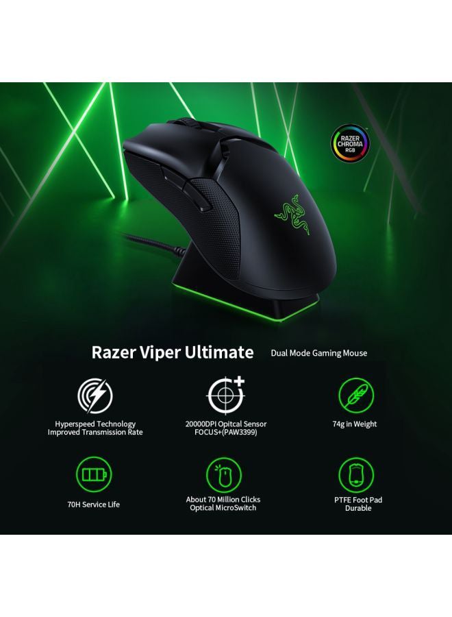 Razer Viper Ultimate Hyperspeed Lightest Wireless Gaming Mouse - 20K DPI Optical Sensor, Chroma RGB Lighting, 8 Programmable Buttons (Without Charging Dock) -