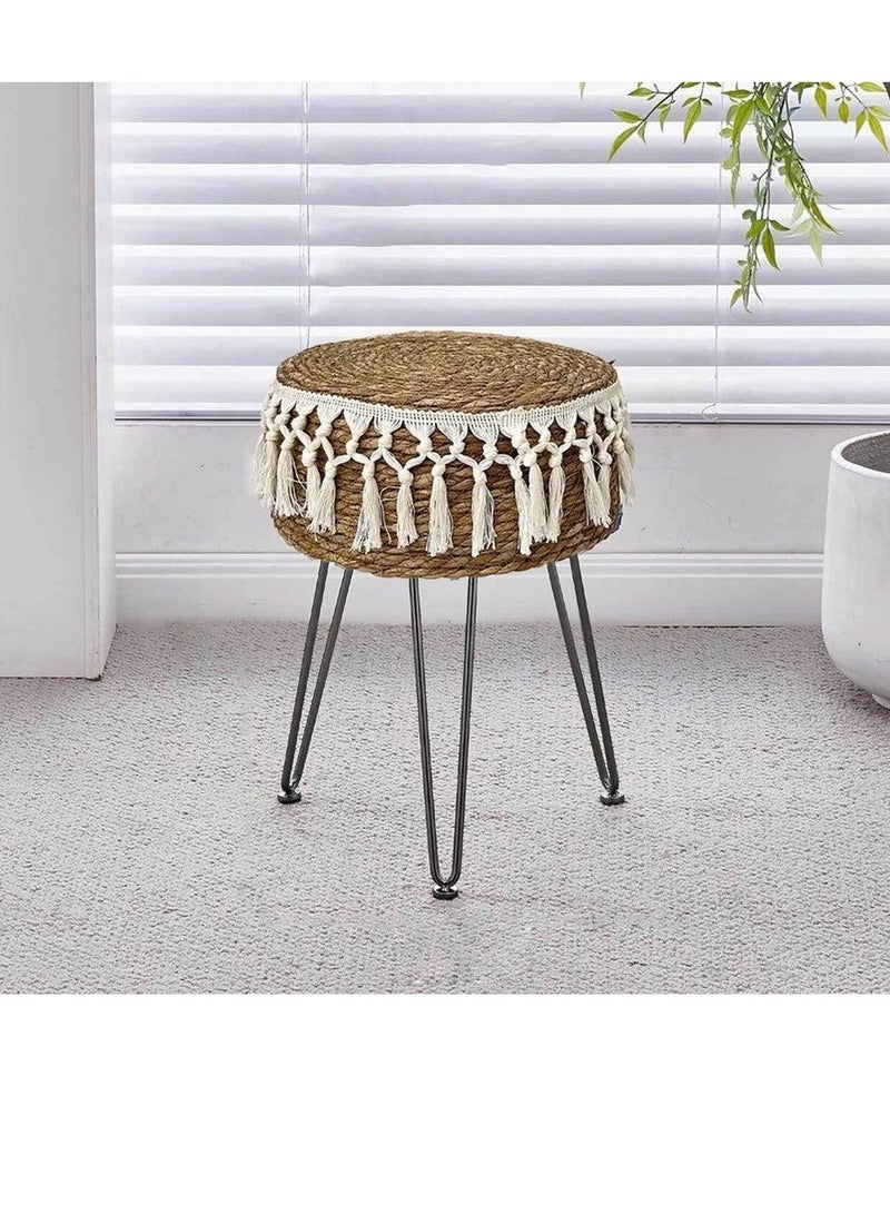 FFD Handwoven Natural Dark Brown Seagrass Footstool - 32x45cm Round Ottoman Pouf with Metal Legs - Versatile Vanity Stool for Living Room, Bedroom, Balcony