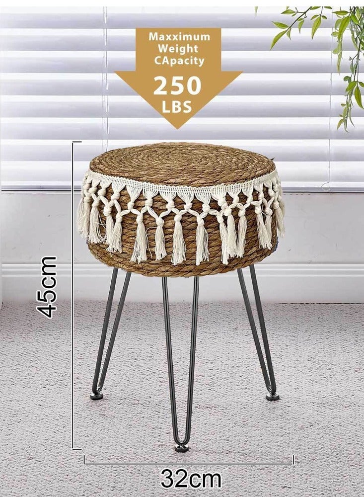 FFD Handwoven Natural Dark Brown Seagrass Footstool - 32x45cm Round Ottoman Pouf with Metal Legs - Versatile Vanity Stool for Living Room, Bedroom, Balcony