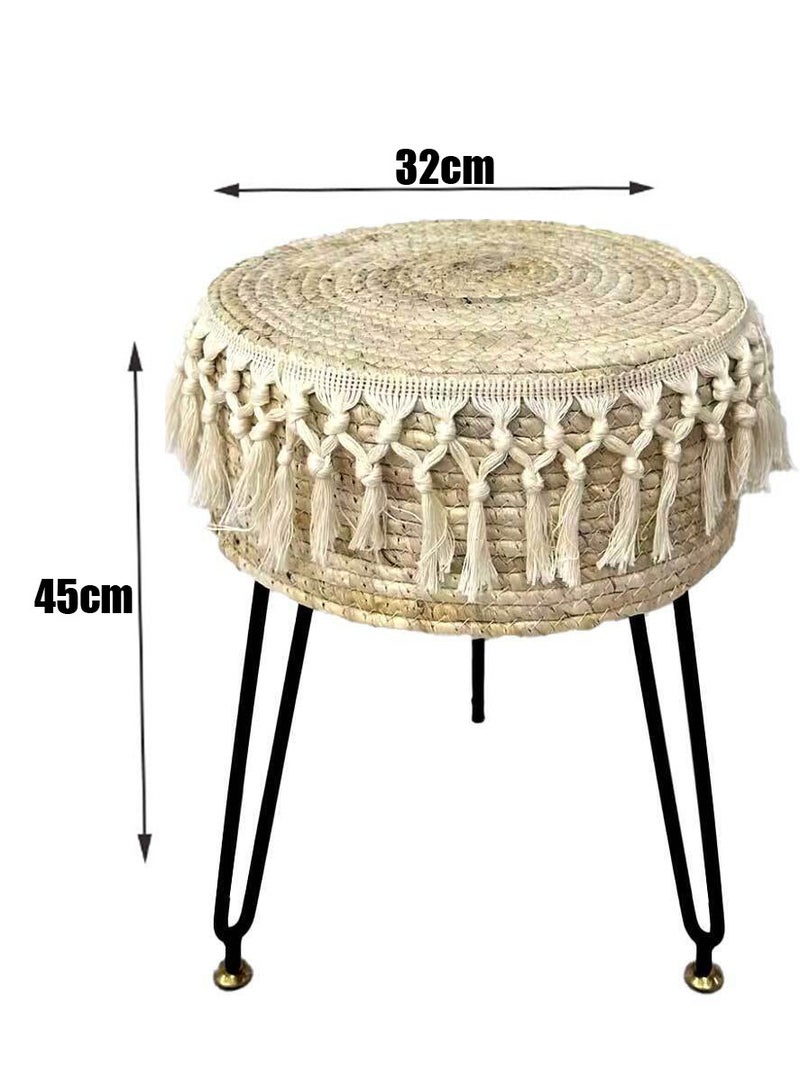 FFD Round Natural Seagrass Footstool - 32x45cm Beige Ottoman Pouf with Metal Legs, Versatile Vanity Stool for Living Room, Bedroom, Balcony