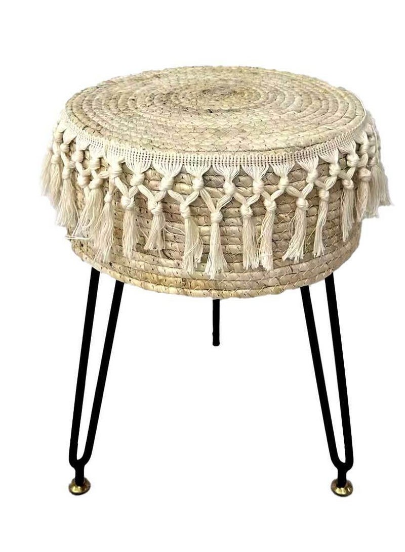 FFD Round Natural Seagrass Footstool - 32x45cm Beige Ottoman Pouf with Metal Legs, Versatile Vanity Stool for Living Room, Bedroom, Balcony