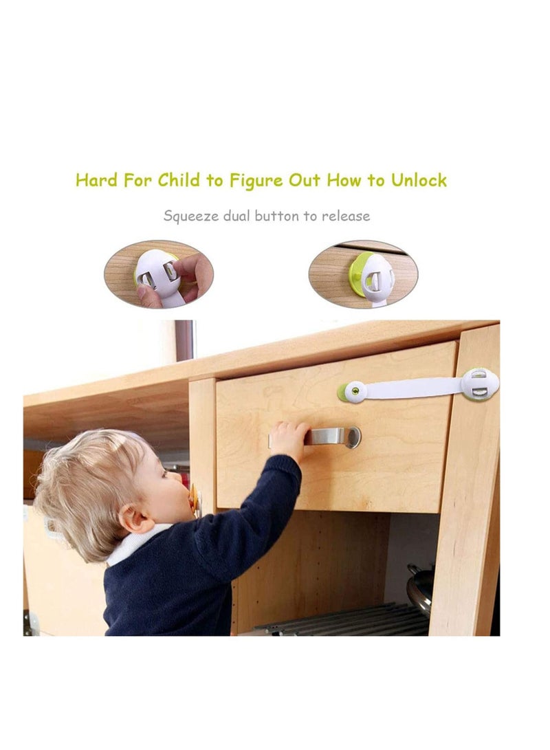 Child Safety Cabinet Locks,  Baby Proof Latches Locks Easy to Install with Length Adjustable Strap Dual Action Lock with Extra Adhesive, for Kitchen, Cupboard, Drawer, Refrigerator, Door