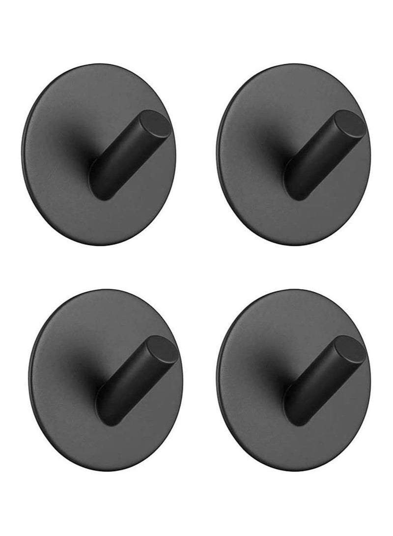 Heavy Duty Black Adhesive Hooks, Waterproof & Rustproof Stainless Steel Wall Mount Hooks for Hanging Robes, Coats, Towels - 4 Pack for Kitchen & Bathroom Home Use