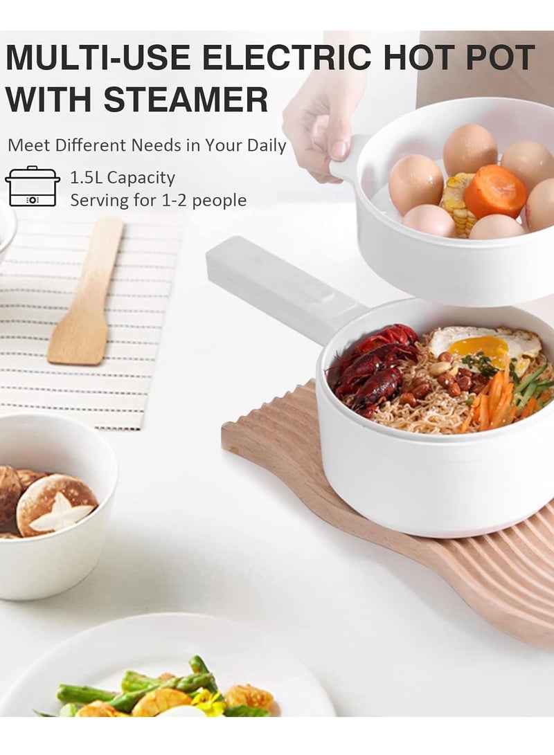 Electric Hot Pot with Steamer and Temperature Control Non-Stick Electric Skillet Frying Pan Multi-functional Mini Portable Pot for Steak Fried Rice Noodles Ramen Oatmeal and Soup 1.5L