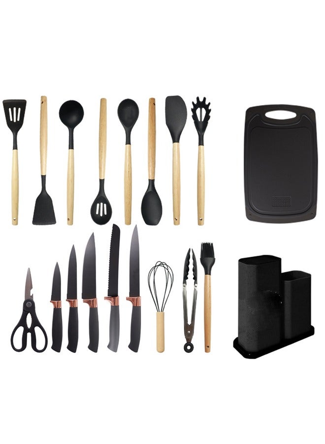 19 Pieces Cooking Utensils Set, Kitchen Knife Set, Includes Tongs, Spoon, Spatula and Turner, Heat Resistant, Food Grade, Silicone and Wooden Handles, Non Stick Kitchen Knife Sets and Cutlery