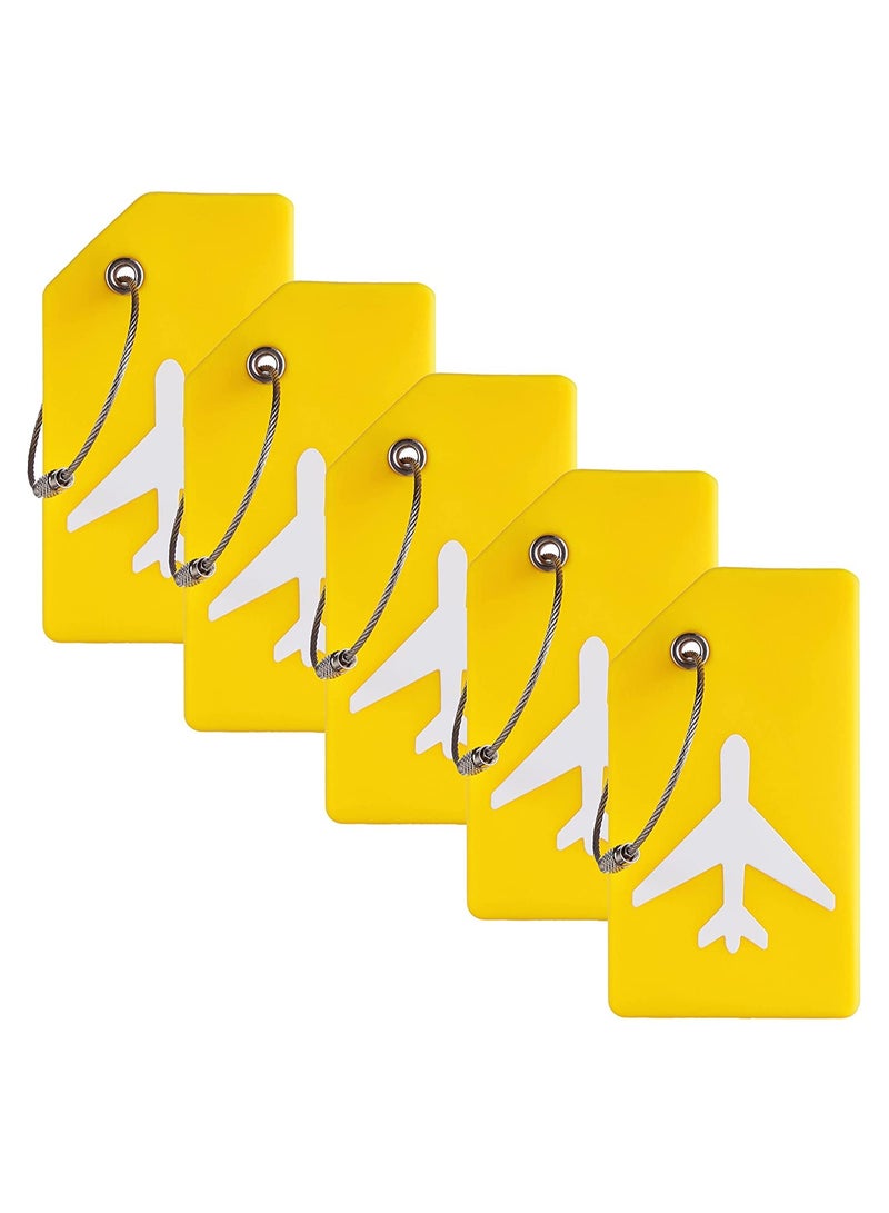 5 Pack Silicone Luggage Tags with Name ID Card - Bright Yellow Anti-Lost Tags for Easy Luggage Identification, Durable Stainless Steel Loop