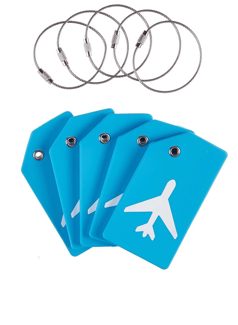 5 Pack Silicone Luggage Tags with Name ID Card - Light Blue Anti-Lost Tags for Easy Luggage Identification, Includes Stainless Steel Loops, Perfect for Travel